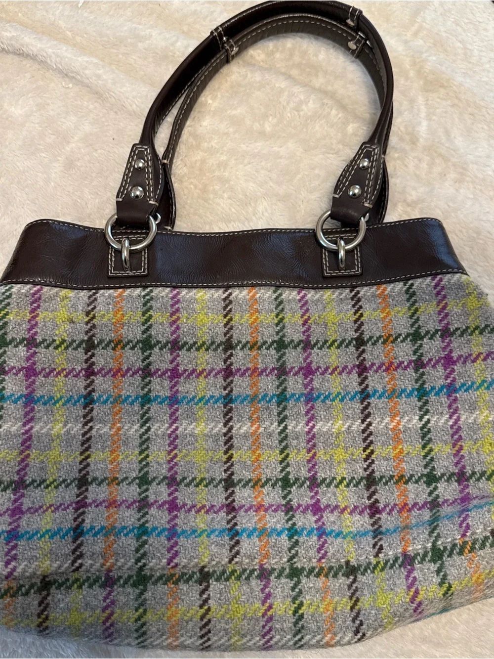 Coach Plaid Wool Tote with Dark Brown Leather Trim